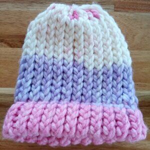 Hand-Knit Acrylic Yarn White Purple Pink Striped Homemade newborn beanie